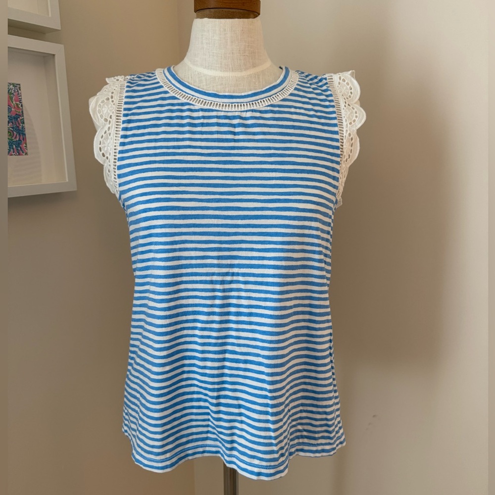 Lilly Pulitzer Agee Top Blue Stripe Lace Trim Size Medium